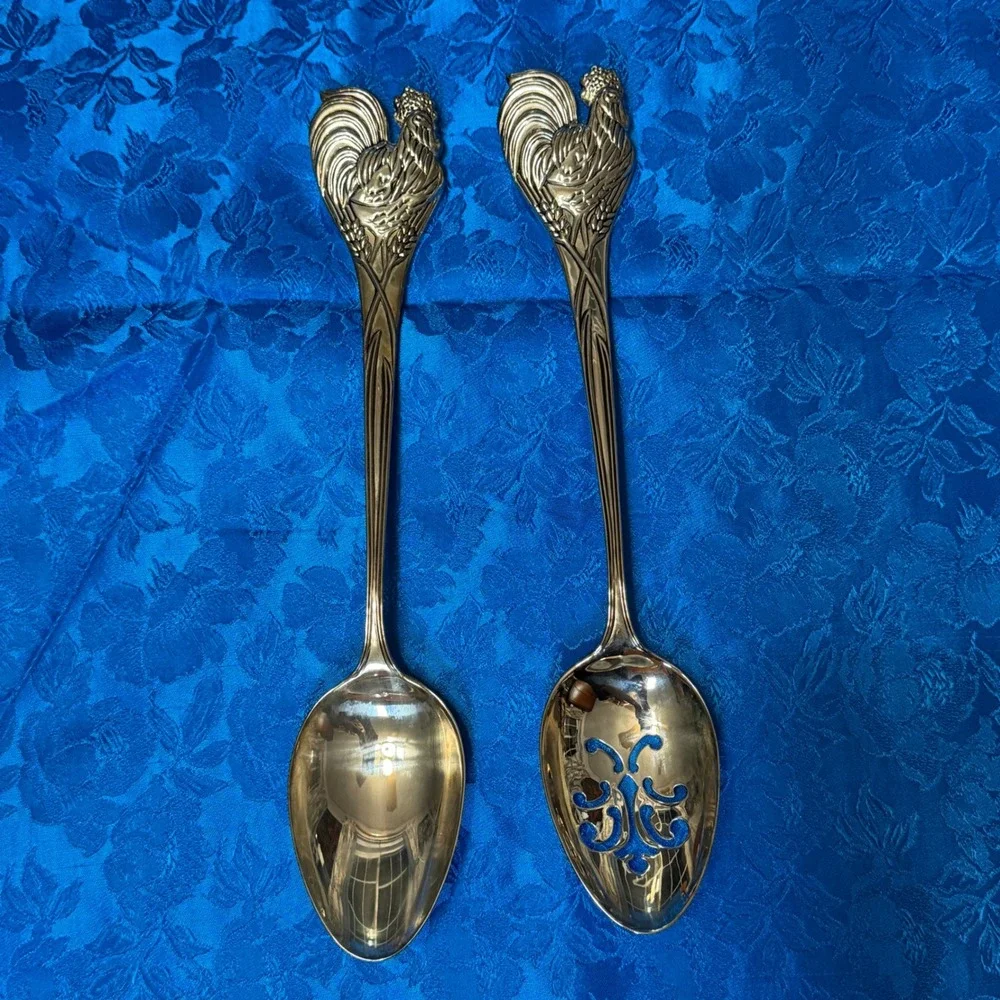 Vintage Rooster Wheat Silver Plated Serving‎ Spoon Set Pierced and Solid 2 Piece